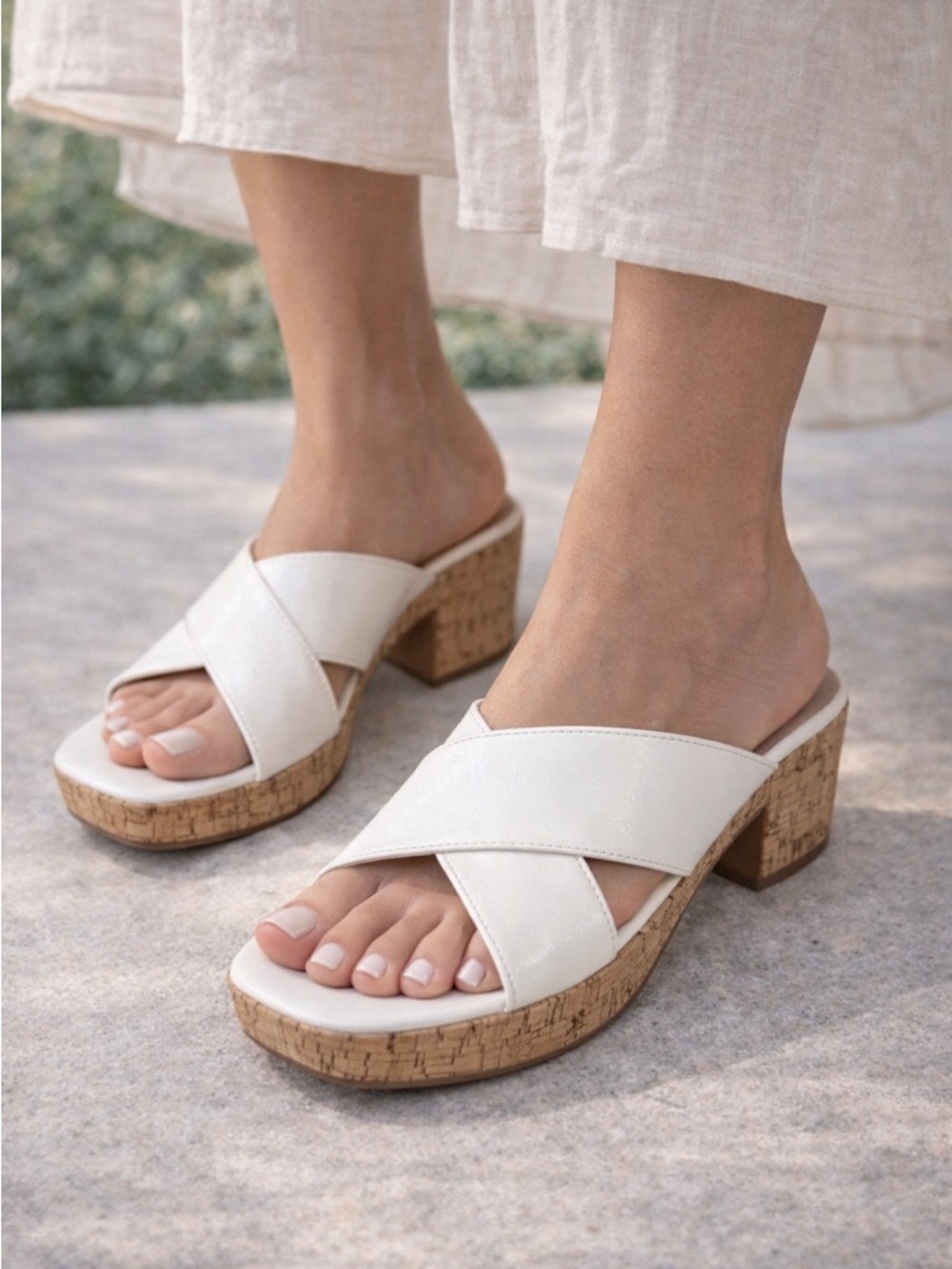 Life Stride White Cork Wedge Sandals Size 6.5 – Summer Slip-On Heels NW W/ box